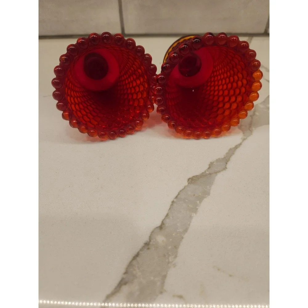Vintage Amberina Red Orange Cadmium Hobnail Votive Candle Holders UV Glow MCM